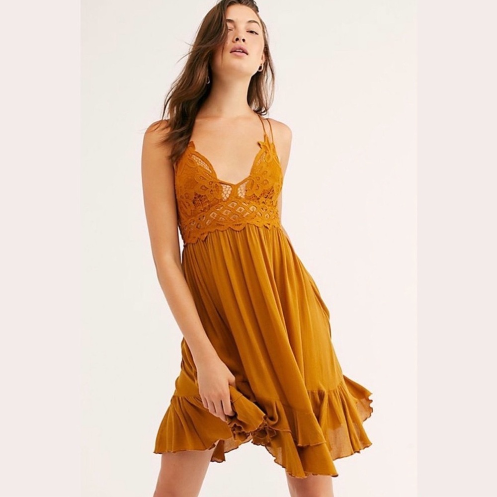 Free People Adella Lace Top Dress size XS mustard